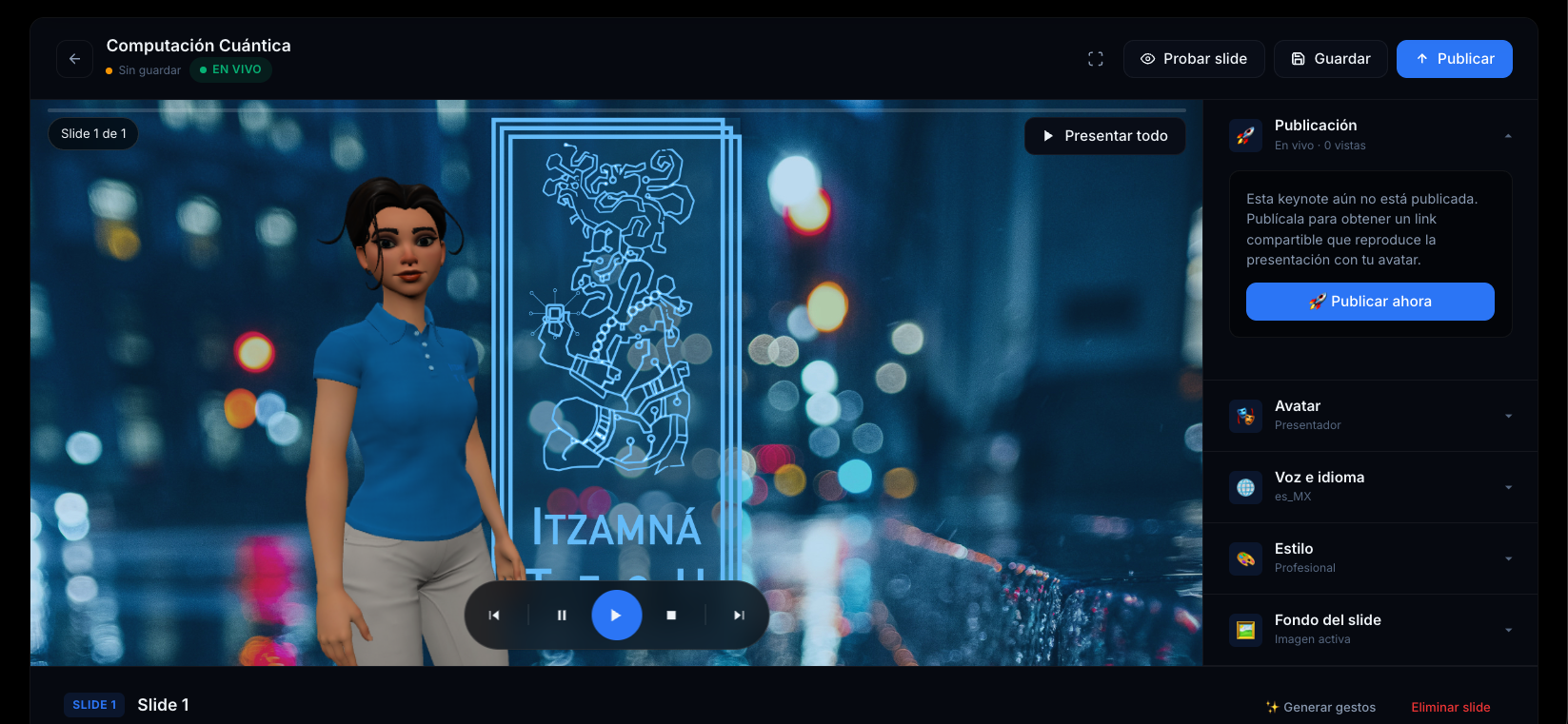 Estudio Itzamná Keynotes AI · interfaz de creación de presentaciones